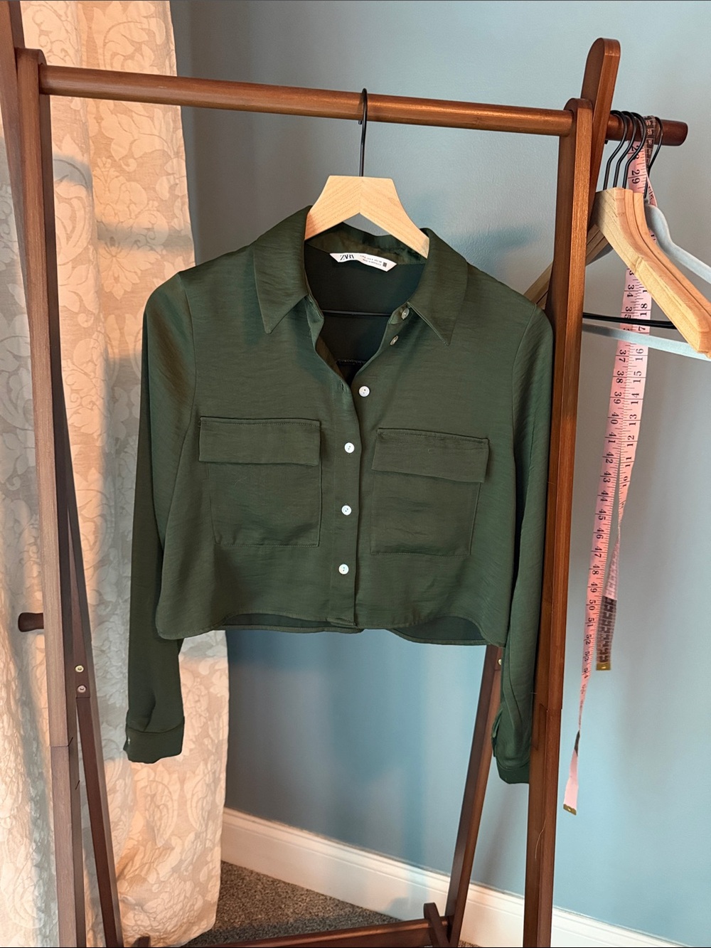 ZARA green crop button down top